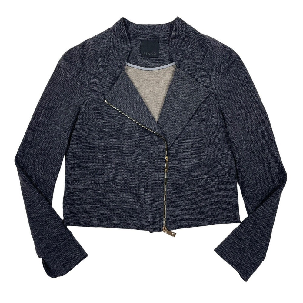 PINKO Jacket Womens Size 4 Gray Asymmetrical Full Zip Square‎ Neck Wool Blend